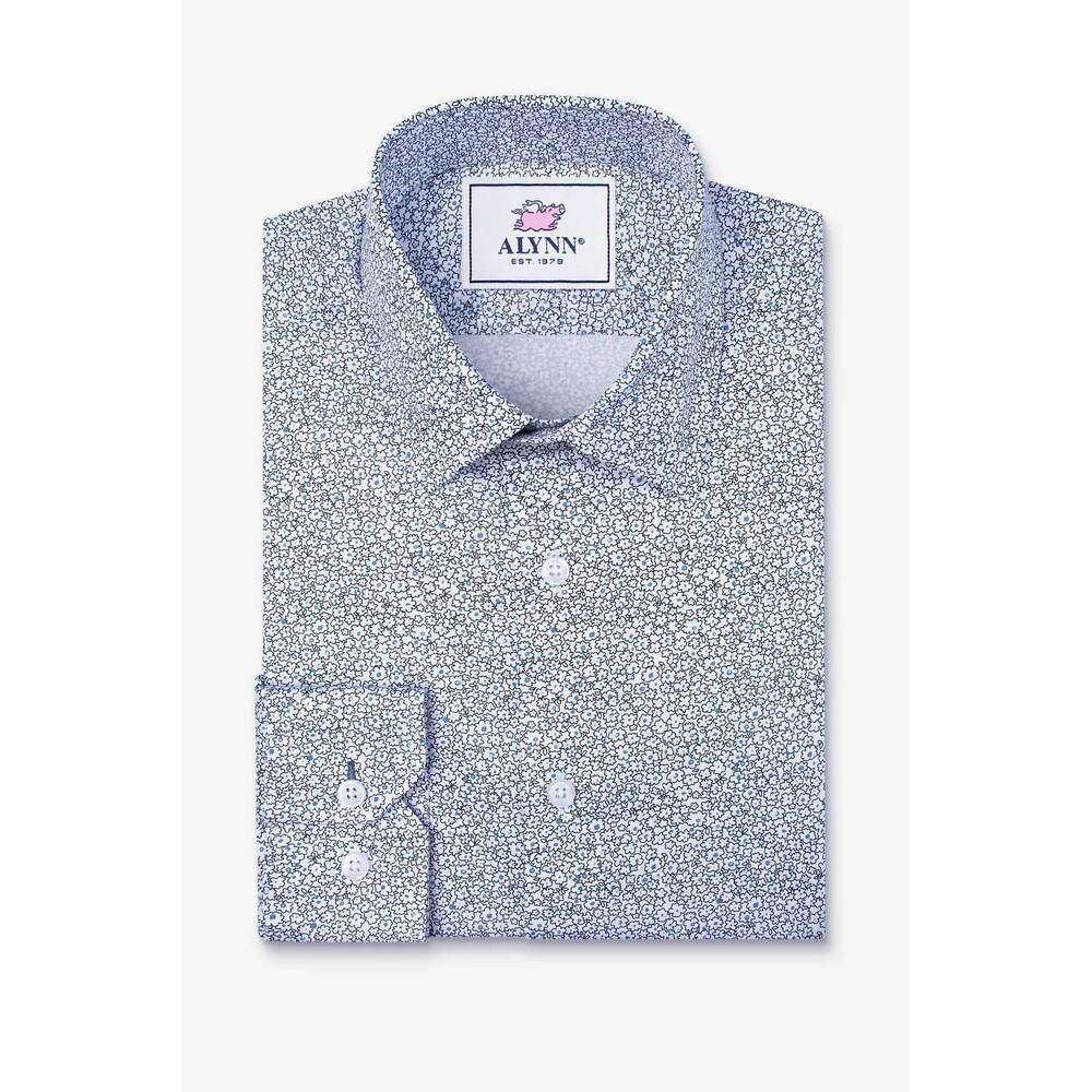 NEW ALYNN men's reid floral untuckable classic fit dress shirt in blue/white
